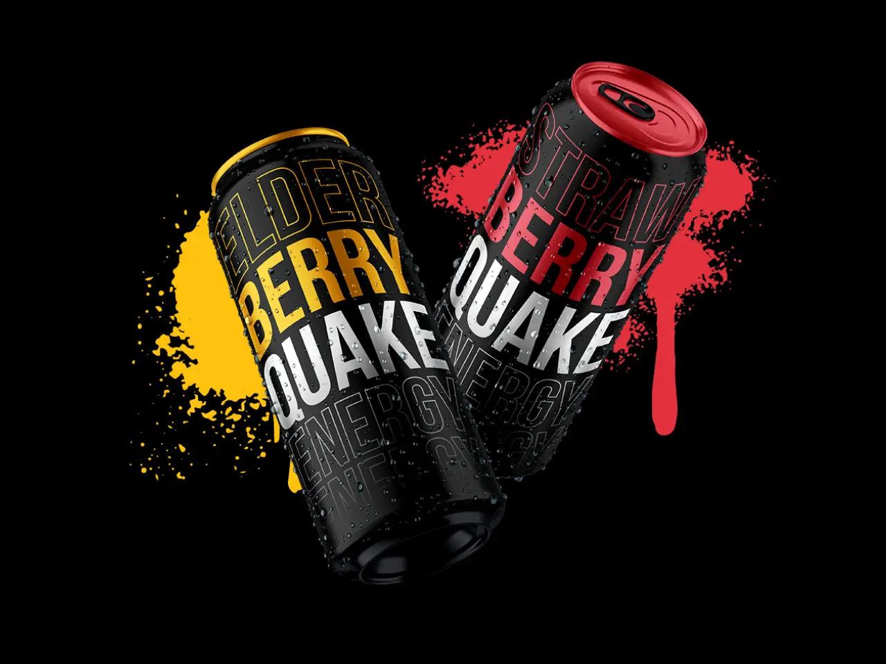 Quake energy drink cans in Elderberry (yellow) and Strawberry (red) flavors, tilted against paint splatters.